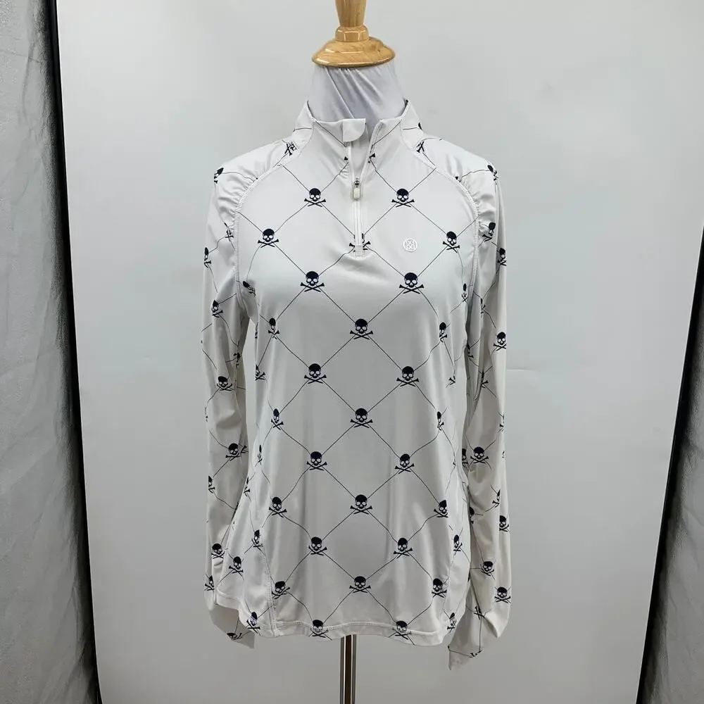 G/Fore Top Womens M Medium White Navy Skull Motif 1/4 Zip Ruched Long Sleeves